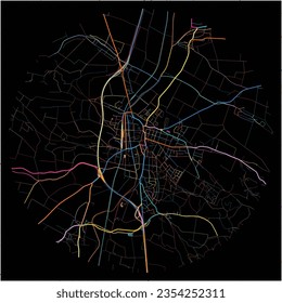 Karte von Hollabrunn, Niederösterreich mit allen wichtigen und kleineren Straßen, Eisenbahnen und Wasserstraßen. Farbige Linienkunst auf schwarzem Hintergrund.