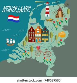 Map of Holland drawn by hand.The main symbols of the city. Illustration for travel guide, poster or apparel design.