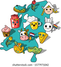 Map of Holland Netherlands with icons of beer, milk, Dutch girl, rabbit, LGBT flag, cake, herring sandwich, klomps, tulips, paint palette. Vector stock graphics in kawaii style white isolated
