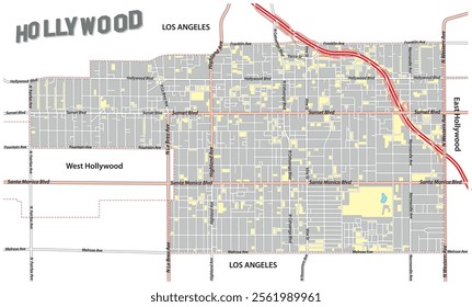 Map of the Hollywood district, Los Angeles, California