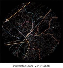 Map of Homburg, Saarland with all major and minor roads, railways and waterways. Colorful line art on black background.