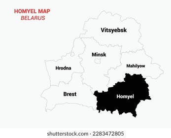 Map of HOMYEL, Map of Belarus, Map of HOMYEL with an outline, Map of Belarus state HOMYEL Vector Illustration, Belarus Country States.