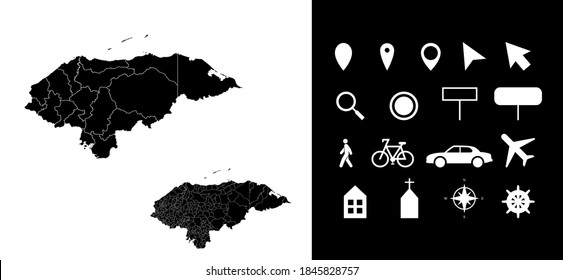 Map of Honduras administrative regions departments with icons. Map location pin, arrow, looking glass, signboard, man, bicycle, car, airplane, house. Royalty free outline Hondurans vector map.