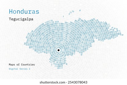 Um mapa de Honduras retratado em zeros e uns em forma de círculo. A capital, Tegucigalpa, está no centro do círculo	