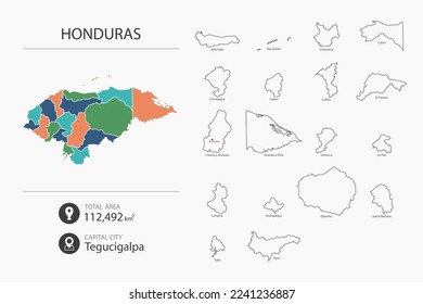 Map of Honduras with detailed country map. Map elements of cities, total areas and capital.