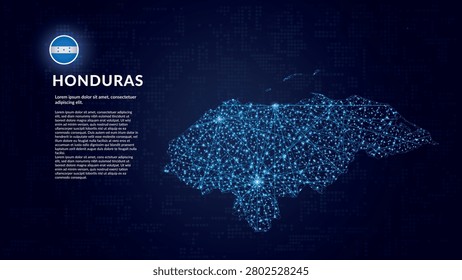 Map of Honduras. Digital and interconnected country highlighting most important cities. Business map. Modern and Technological design with abstract mesh polygonal shapes on dark blue background