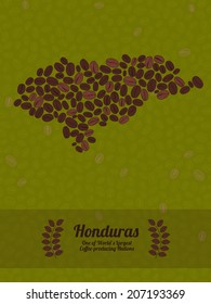 Map of Honduras made out of coffee beans. Raw green coffee beans background. Coffee beans flyer or leaflet. Honduras map poster or card.