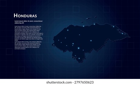 Map of Honduras. Neon lights on dark background highlighting the major cities. Illustration of the digital map in blue. Technological connectivity of the geographic area