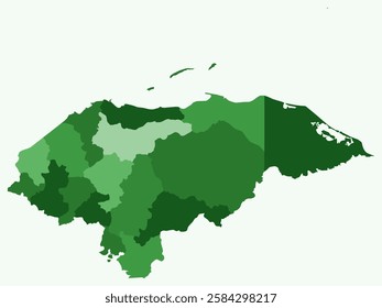 Map of Honduras with regions. Just a simple country border map with region division. Green color palette. Flat Republic of Honduras shape with administrative division. Vector illustration.