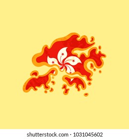 Map of Hong Kong colored with flag and marked with golden line in grunge vintage style.