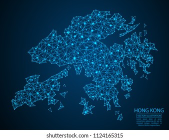 A map of Hong Kong consisting of 3D triangles, lines, points, and connections. Vector illustration of the EPS 10.
