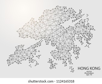 A map of Hong Kong consisting of 3D triangles, lines, points, and connections. Vector illustration of the EPS 10.