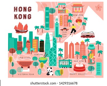 Map of Hong Kong drawn by hand. Illustration for travel guide, poster or apparel design.