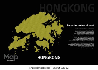 Map of Hong Kong featuring yellow geographic lines, isolated on a black background. Perfect for various design projects.