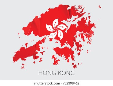 Map Of Hong Kong With Flag As Texture Isolated On Grey Background. Vector Illustration