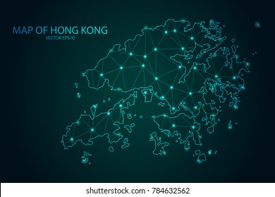 Map of Hong Kong - With glowing point and lines scales on the dark gradient background, 3D mesh polygonal network connections.Vector illustration eps 10.
