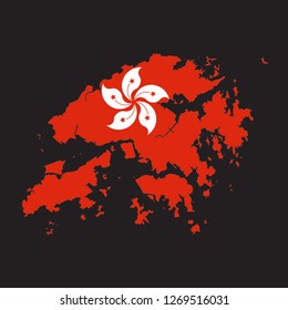 Map of Hong Kong with an official flag. Illustration on black background