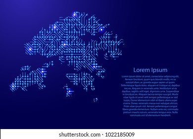 Map Hong Kong from printed board, chip and radio component with blue star space on the contour for banner, poster, greeting card, of vector illustration.