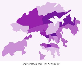 Map of Hong Kong with regions. Just a simple country border map with region division. Purple color palette. Flat Hong Kong shape with administrative division. Vector illustration.