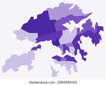 Map of Hong Kong with regions. Just a simple country border map with region division. Deep purple color palette. Flat Hong Kong shape with administrative division. Vector illustration.