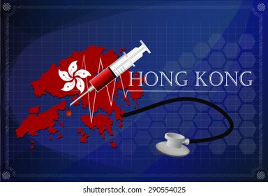 Map of Hong kong with Stethoscope and syringe.