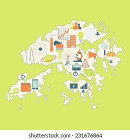 Map of Hong Kong with technology icons. Contour map of Hong Kong with icons of technology, business, science, communication