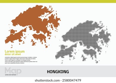 A map of Hongkong in dual designs, featuring brown solid details and black abstract dotted patterns, isolated on a white background