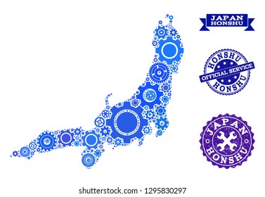 Map of Honshu Island designed with blue gear components, and isolated rubber stamps for official repair services.