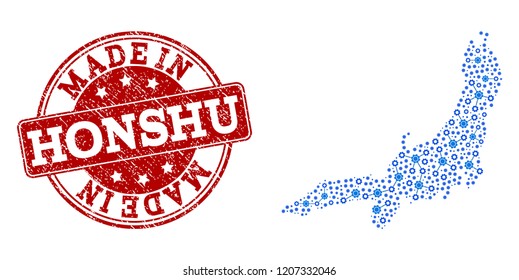 Map of Honshu Island vector mosaic and Made In grunge stamp. Map of Honshu Island designed with blue engine links. Made in red seal with grunge rubber texture.
