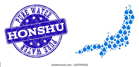 Map of Honshu Island vector mosaic and Pure Water grunge stamp. Map of Honshu Island created with blue water tears. Seal with grunge rubber texture for clean drinking water.