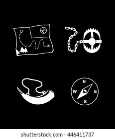 Map, horn, compass and trap black icons, silhouette and vector logos. Flat isolated element. Nature sign and symbol black background
