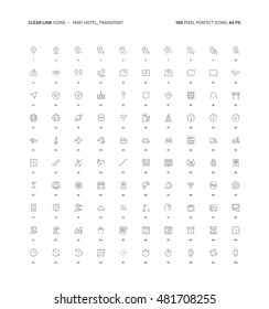 Map, hotel clear line, illustrations, icons, backgrounds and graphics. The icons pack is black and white, flat, vector, pixel perfect, minimal, suitable for web and print. Linear pictogram.