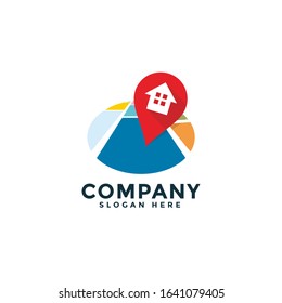 A Map House with pin, geo locate, pointer logo icon