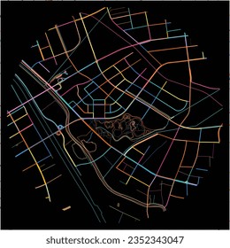 Map of Huaian, Jiangsu with all major and minor roads, railways and waterways. Colorful line art on black background.