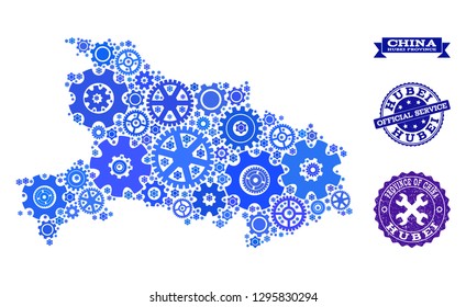 Map of Hubei Province composed with blue gear symbols, and isolated rubber stamps for official repair services. Vector abstract collage of map of Hubei Province with mechanics symbols in blue hues.
