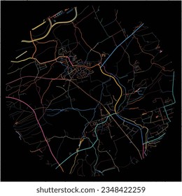 Map of Huckelhoven, North Rhine-Westphalia with all major and minor roads, railways and waterways. Colorful line art on black background.