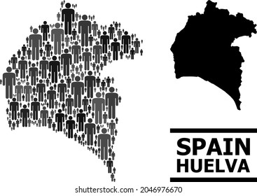 Map of Huelva Province for social doctrines. Vector nation abstraction. Concept map of Huelva Province designed of population items. Demographic concept in dark gray color tints.