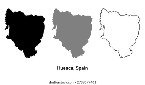 Map of Huesca, a province in Spain. Map with various styles of outlines, black and gray.
