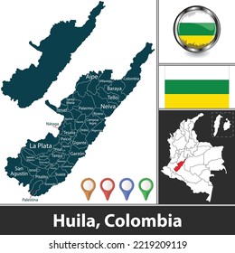 Map of Huila department with municipalities and location on Colombian map. Vector image