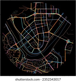 Map of Huizhou, Guangdong with all major and minor roads, railways and waterways. Colorful line art on black background.