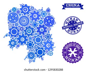 Map of Hunan Province created with blue gear symbols, and isolated scratched stamps for official repair services.