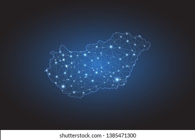 Map of Hungary - Abstract mash line and point scales on circuit dark background. Wire frame 3D mesh polygonal network line, design sphere, dot and structure. Vector illustration eps 10.