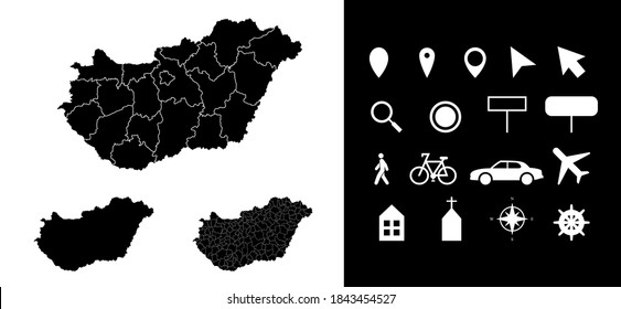 Mapa de departamentos de regiones administrativas de Hungría con íconos. Alfiler de localización de mapas, flecha, vidrio de aspecto, carteles, hombre, bicicleta, auto, avión, casa. Mapa vectorial húngaro de esquema libre de regalías.