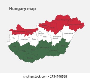 Karte Ungarns in den Farben der Flagge mit Verwaltungsabteilungen
