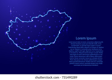Map Hungary from the contours network blue, luminous space stars for banner, poster, greeting card, of vector illustration