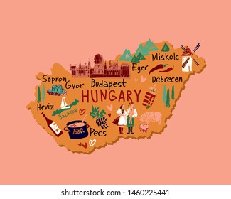 The map of Hungary is a cute cartoon vector illustration. For t-shirts printing postors, postcards and Souvenirs.