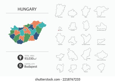 Map of Hungary with detailed country map. Map elements of cities, total areas and capital.