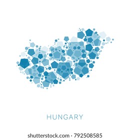 map of Hungary filled with abstract mosaic of pentagons of different sizes and degrees of transparency