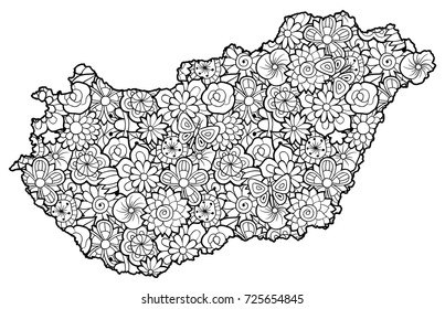 Map of Hungary with flowers. Black and white vector illustration, coloring page for adults
