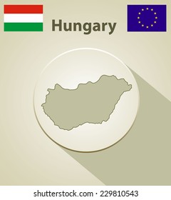 Map of the Hungary Including: flag of Hungary And European Union.